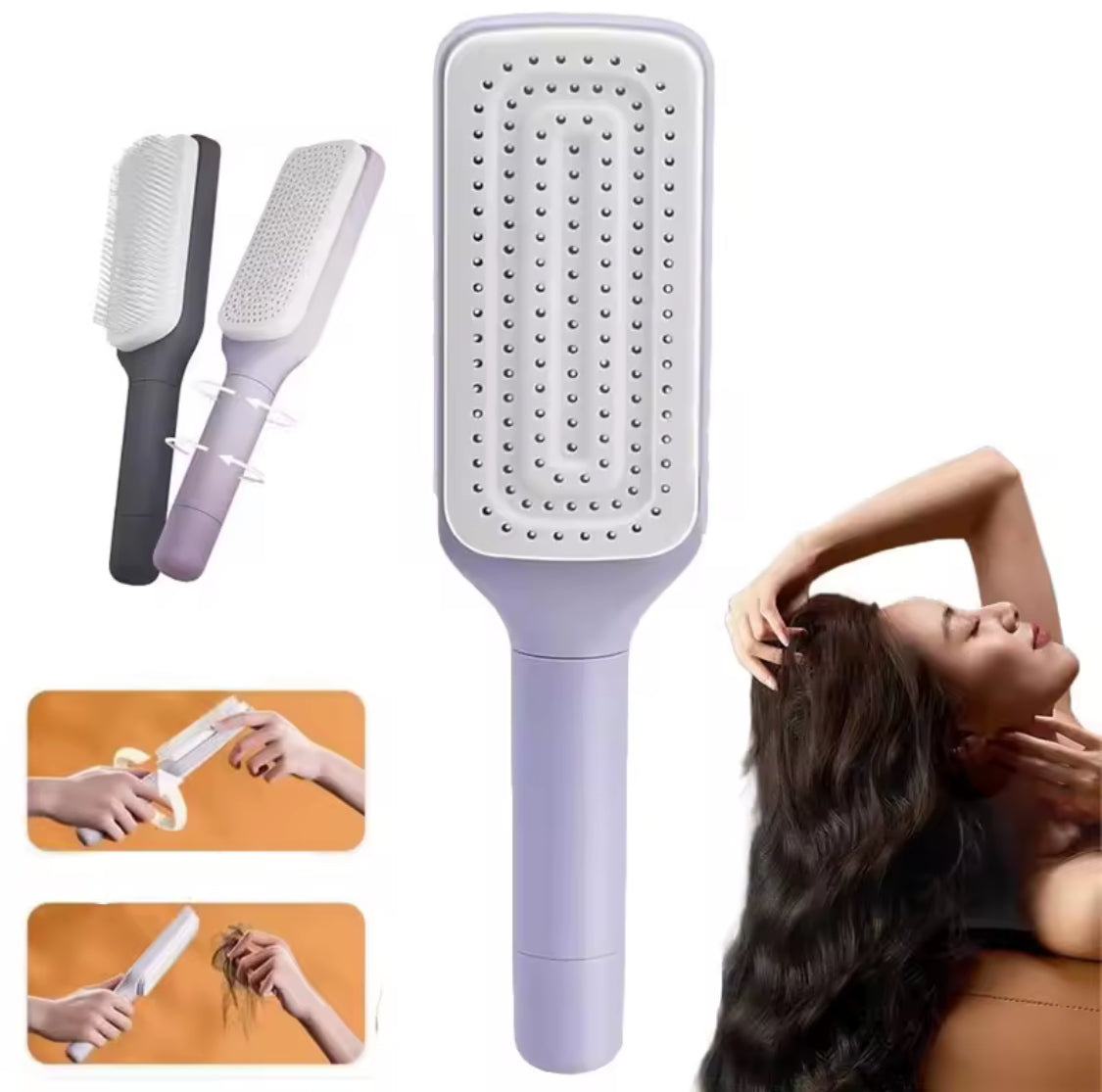 Self-Clean Hair Brush lavender and grey